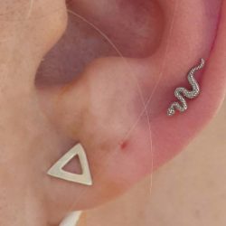 a white gold snake coming down the helix is jewellery from Bodygems, the lobe triangle is the clients own